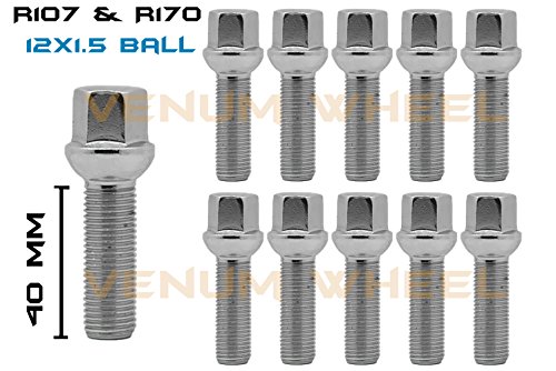 10Pc Chrome 12x1.5 Ball Seat Lug Bolts 40mm Shank Extended Length 17mm Hex Fits Mercedes Benz 
