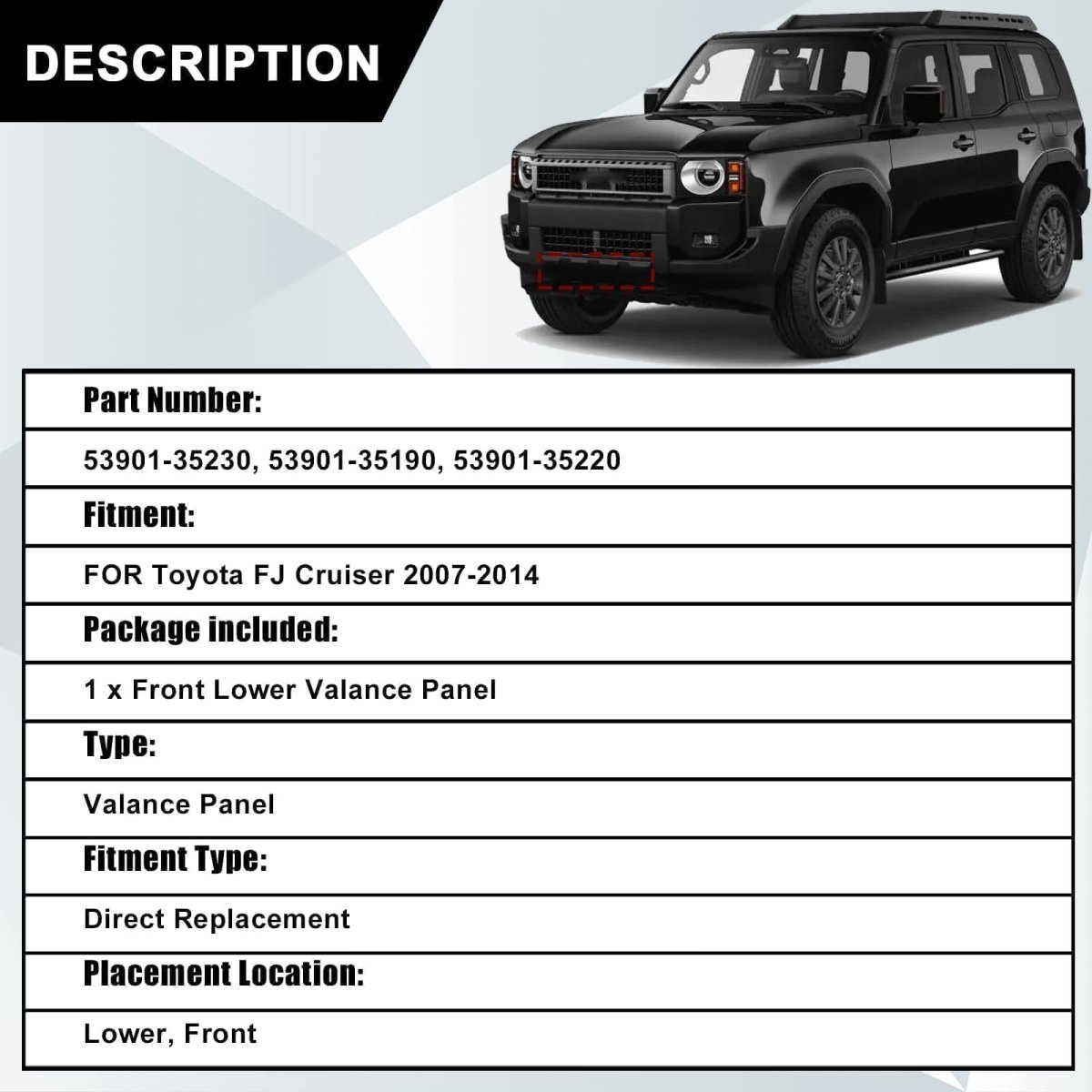 Lower Bumper Valance Panel Cover Front For Toyota Fj Cruiser 2007 2008 2009 2010 2011 2012 2013 2014 Replace 53901-35230