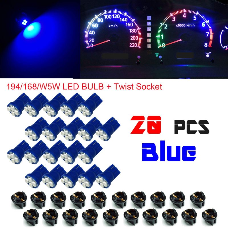 T10 168 194 Led Instrument Panel Dash Light Bulbs 20 Pack Blue 12v 0 5 In Twist Lock Socket For Dome Map And License Plate