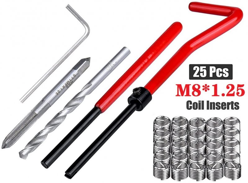 M8 X 1 25mm Thread Repair Insert Kit 30 Piece Stainless Steel Helicoil Coil Compatible Hand Tool Set For Auto Engine And