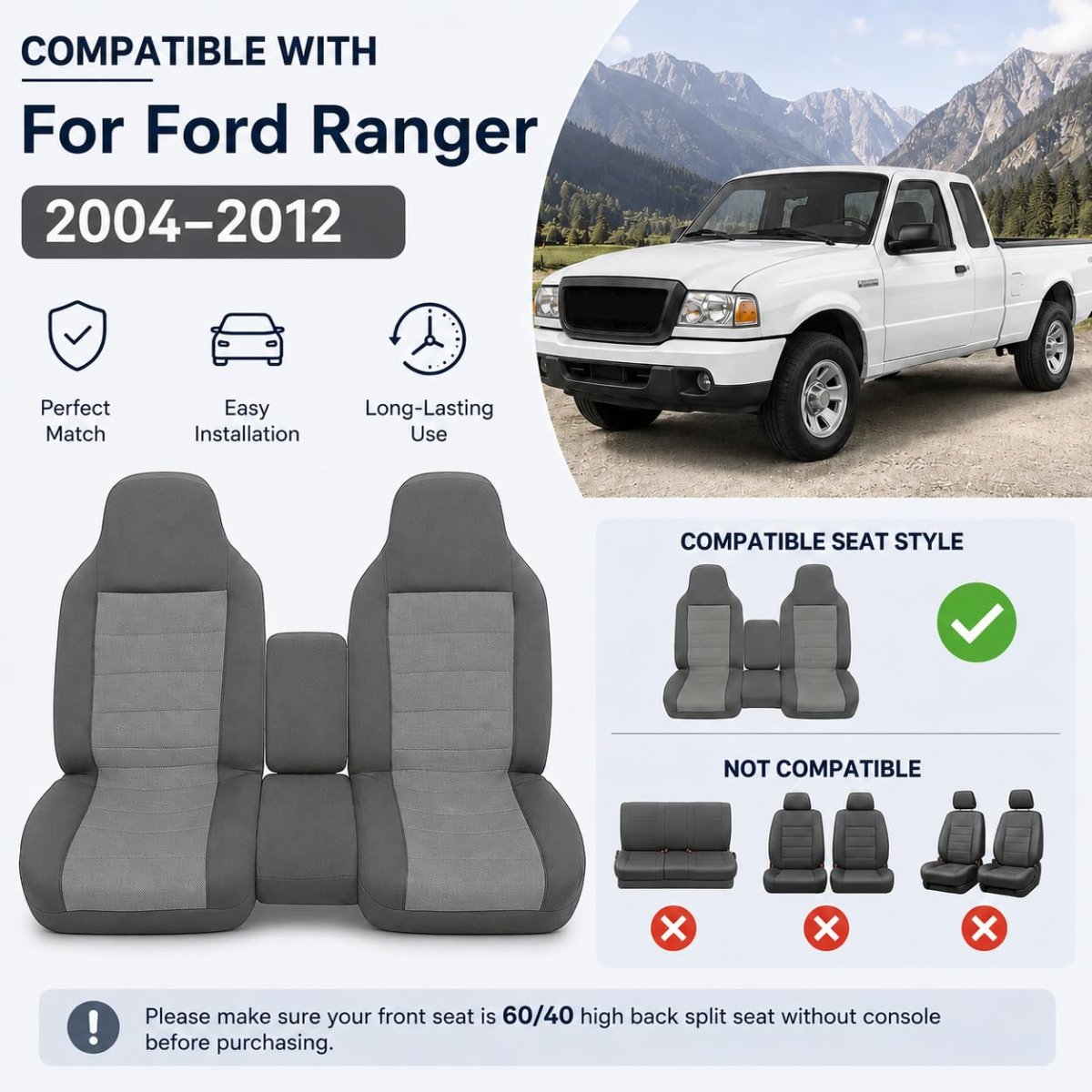 Dark Gray Front 60 40 Bench Perforated Seat Covers For Ford Ranger Pickup 2004 To 2012 Cloth High Back Set Without Center
