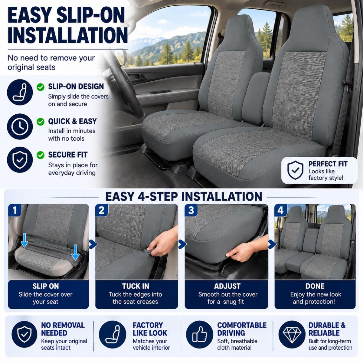 Dark Gray Front 60 40 Bench Perforated Seat Covers For Ford Ranger Pickup 2004 To 2012 Cloth High Back Set Without Center