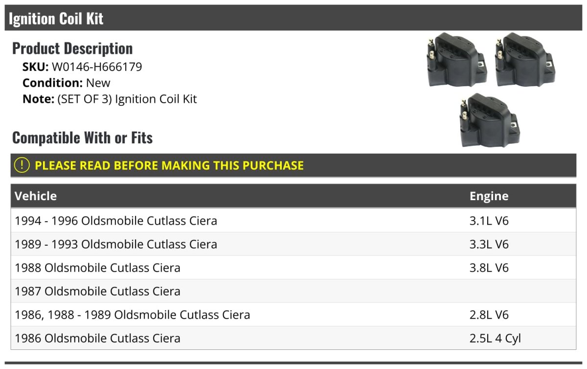 Ignition Coil Kit 3 Piece For 1986 To 1996 Oldsmobile Cutlass Ciera W0146-h666179