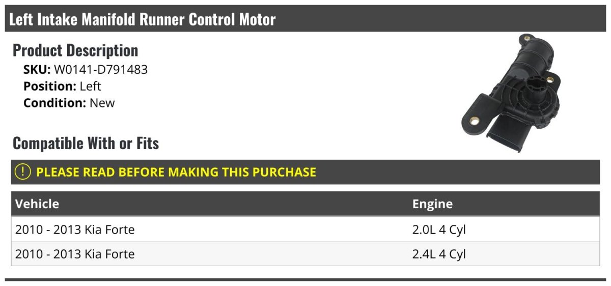 Left Driver Side Intake Manifold Runner Control Motor For 2010-2013 Kia Forte