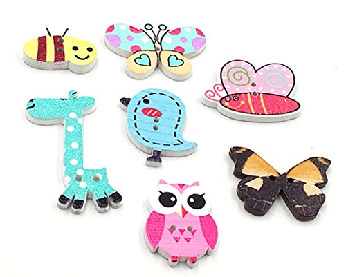 Kinteshun Natural Wooden 2-holed Fastener Buttons For Sewing Knitting Handcraft100pcsassorted Cartoon Animals Printing Patterns