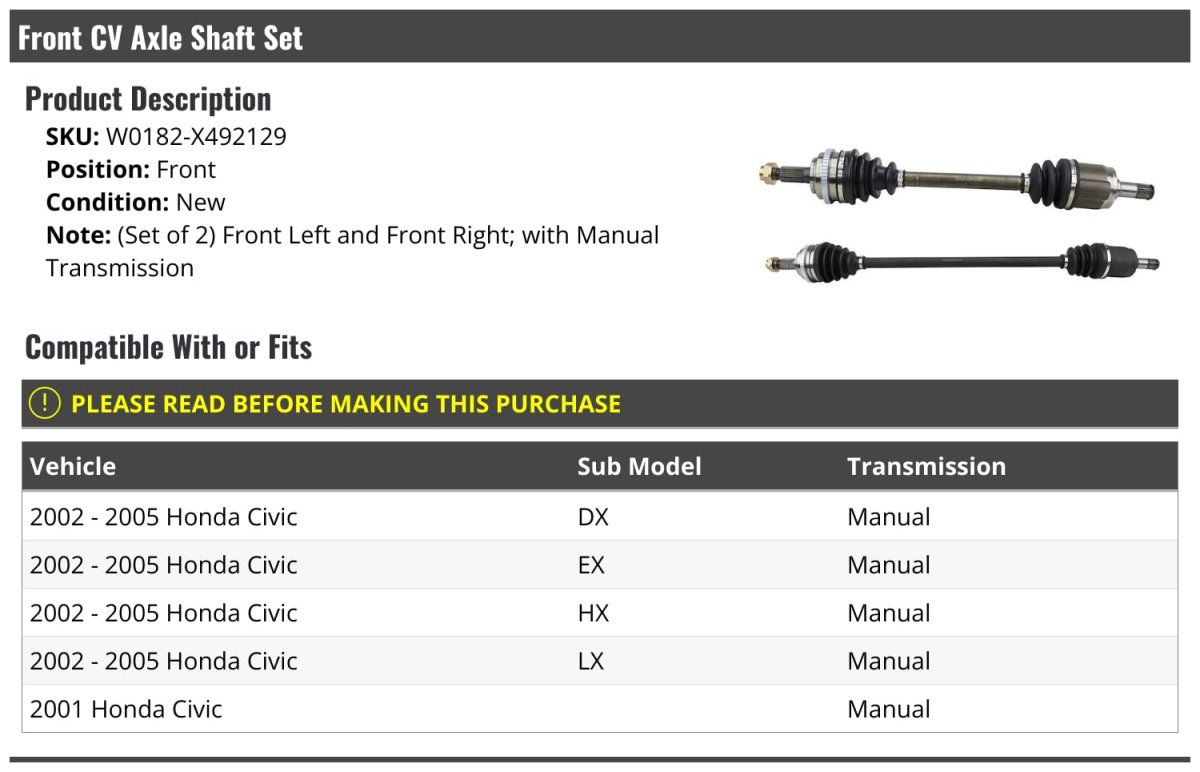 Front Cv Axle Shaft Set Of 2 For 2001-2005 Honda Civic With Manual Transmission