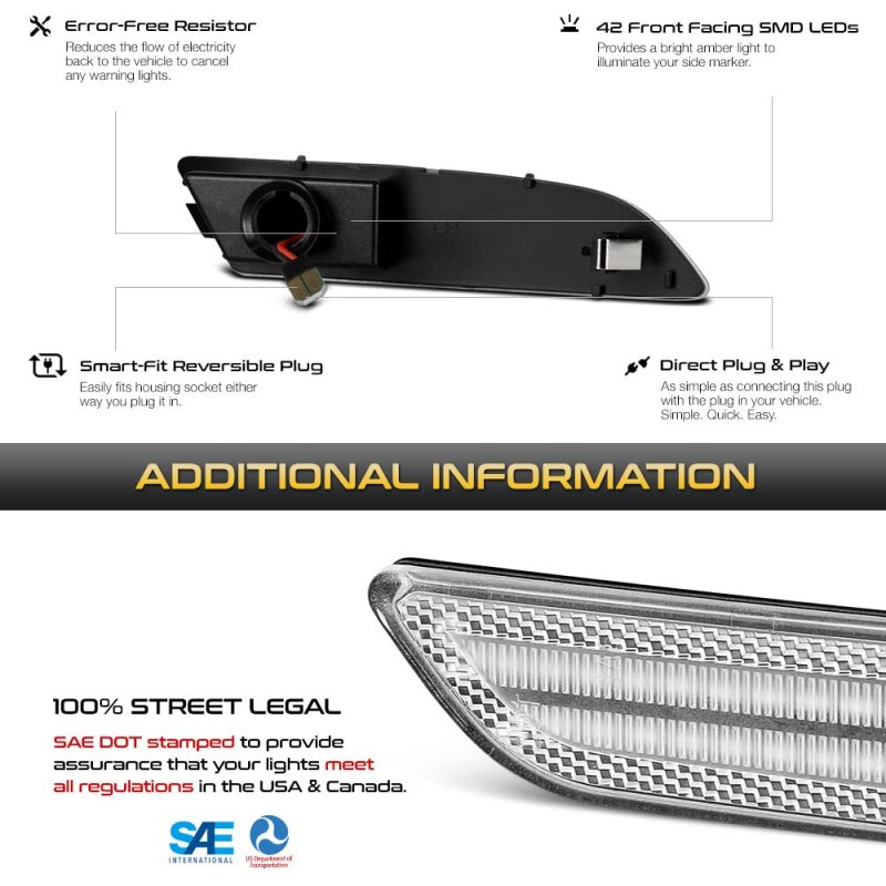 Full Led Amber Front Side Marker Lights For 2004-2008 Chrysler Crossfire Chrome Housing Clear Lens Direct Replacement Left