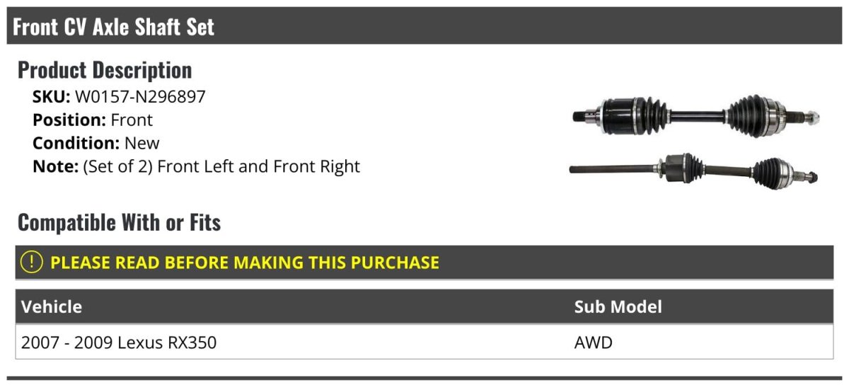 Front Cv Axle Shaft Set Of 2 For 2007-2009 Rx350 Awd