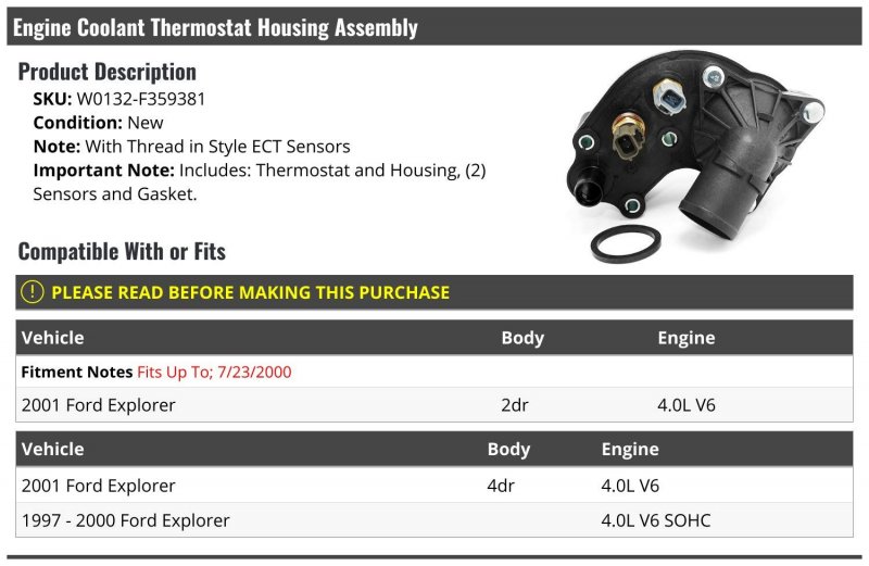 Engine Coolant Thermostat And Housing Assembly Compatible With 1997-2001 Ford Explorer With Thread In Style Ect Sensors Up To 7