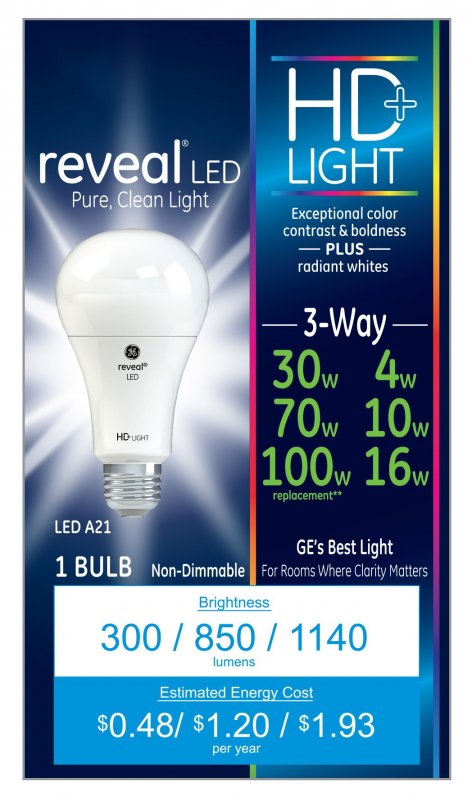 Ge Lighting Reveal Hd Led 3-way 16-watt 100-watt Replacement 1140-lumen Light Bulb With Medium Base 1-pack