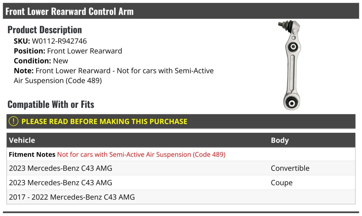 Front Lower Rearward Control Arm For 2017-2023 Mercedes-benz C43 Amg Models Without Semi-active Air Suspension Code 489