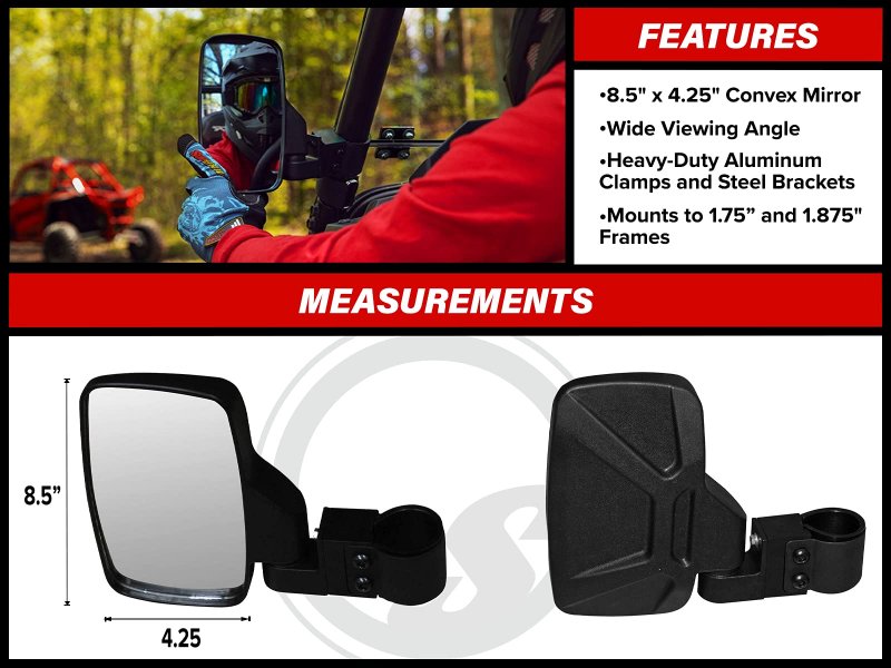 Superatv Side View Mirrors For Polaris Ranger Rzr Ace Kawasaki Teryx Mule Honda Pioneer Can-am Maverick Yamaha Cfmoto Arctic