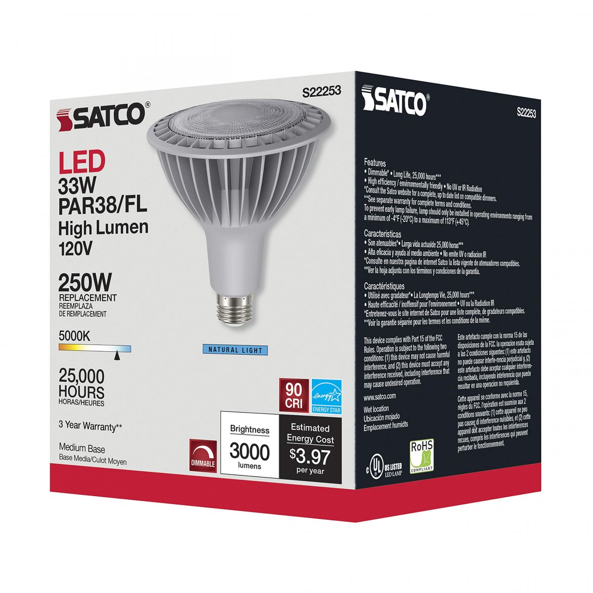 Satco S22253 33 Watt Par38 High Lumen Led 5000k Medium Base 120 Volt 6-pack California Compliant