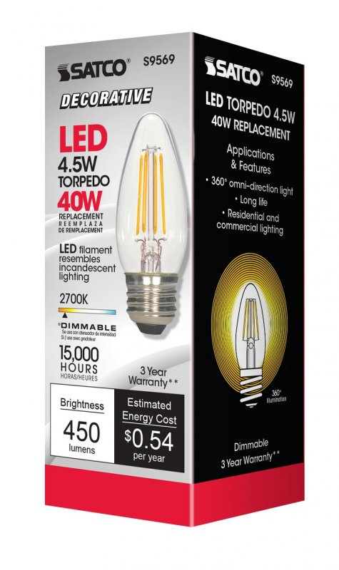 S9569 Led Light Bulb C11 Torpedo Shape Medium Base 40 Watt Equivalent Dimmable 2700 Kelvin 470 Lumens Glass 3 5 In Length