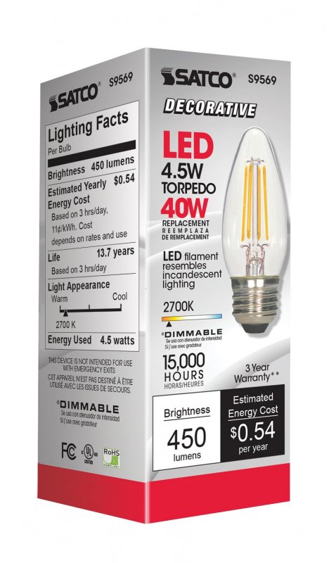 S9569 Led Light Bulb C11 Torpedo Shape Medium Base 40 Watt Equivalent Dimmable 2700 Kelvin 470 Lumens Glass 3 5 In Length