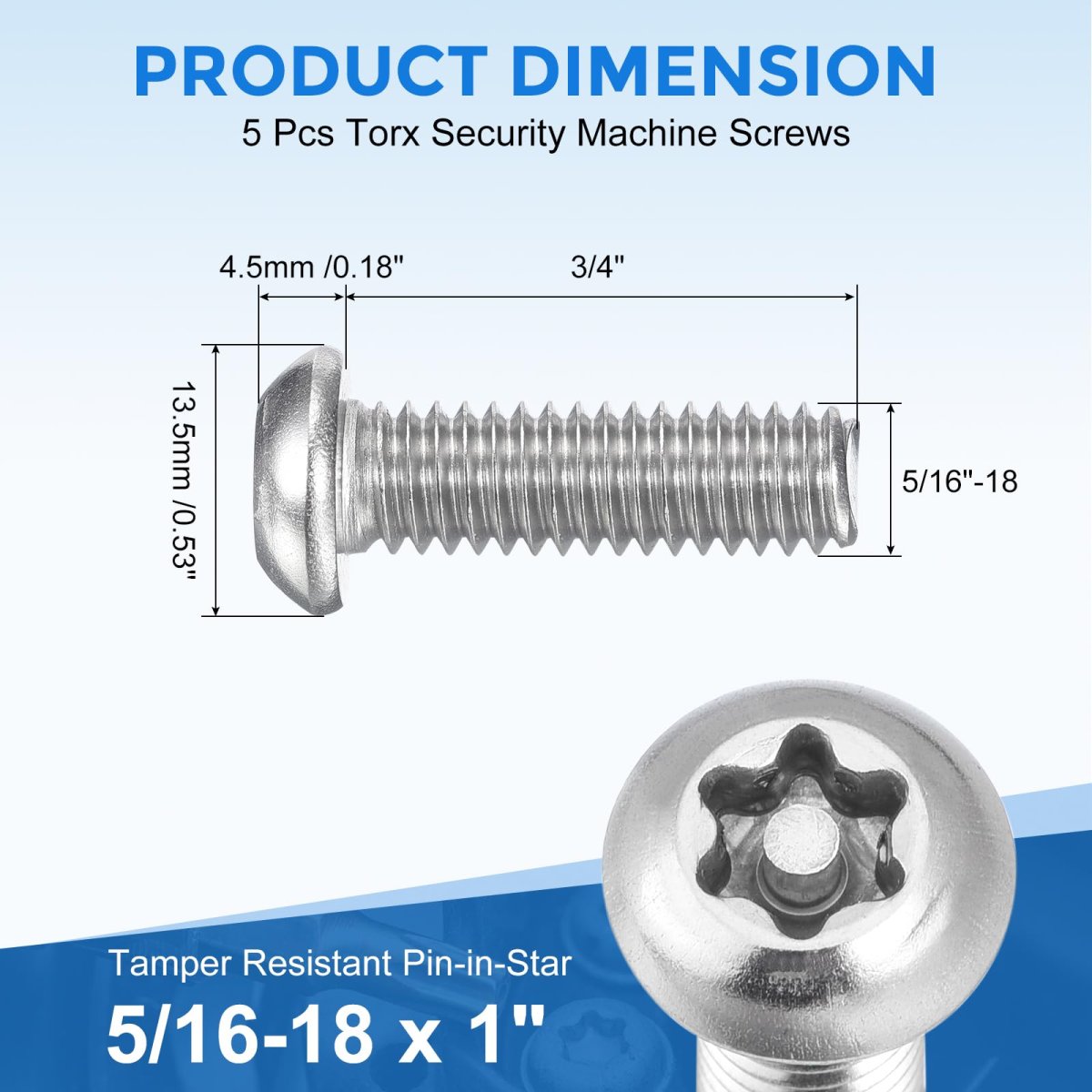 5pcs Torx Security Machine Screws 5 16-18 X 1 304 Stainless Steel Tamper Resistant Button Head Bolt Full Thread For Anti-theft
