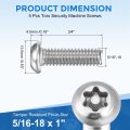 5pcs Torx Security Machine Screws 5 16-18 X 1 304 Stainless Steel Tamper Resistant Button Head Bolt Full Thread For Anti-theft
