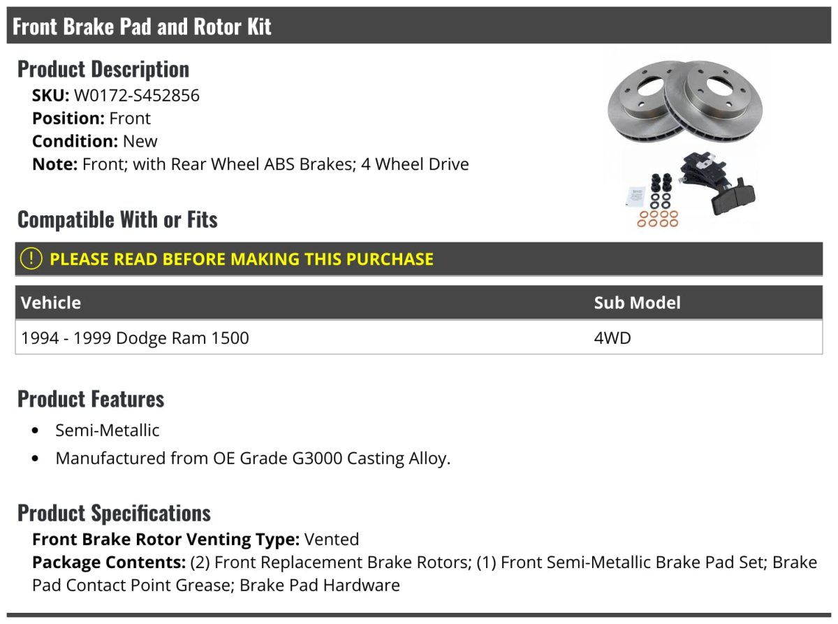 Front Semi Metallic Brake Pads And Rotor Kit For 1994 To 1999 Dodge Ram 1500 4wd With Rear Wheel Abs Brakes Vented Rotors