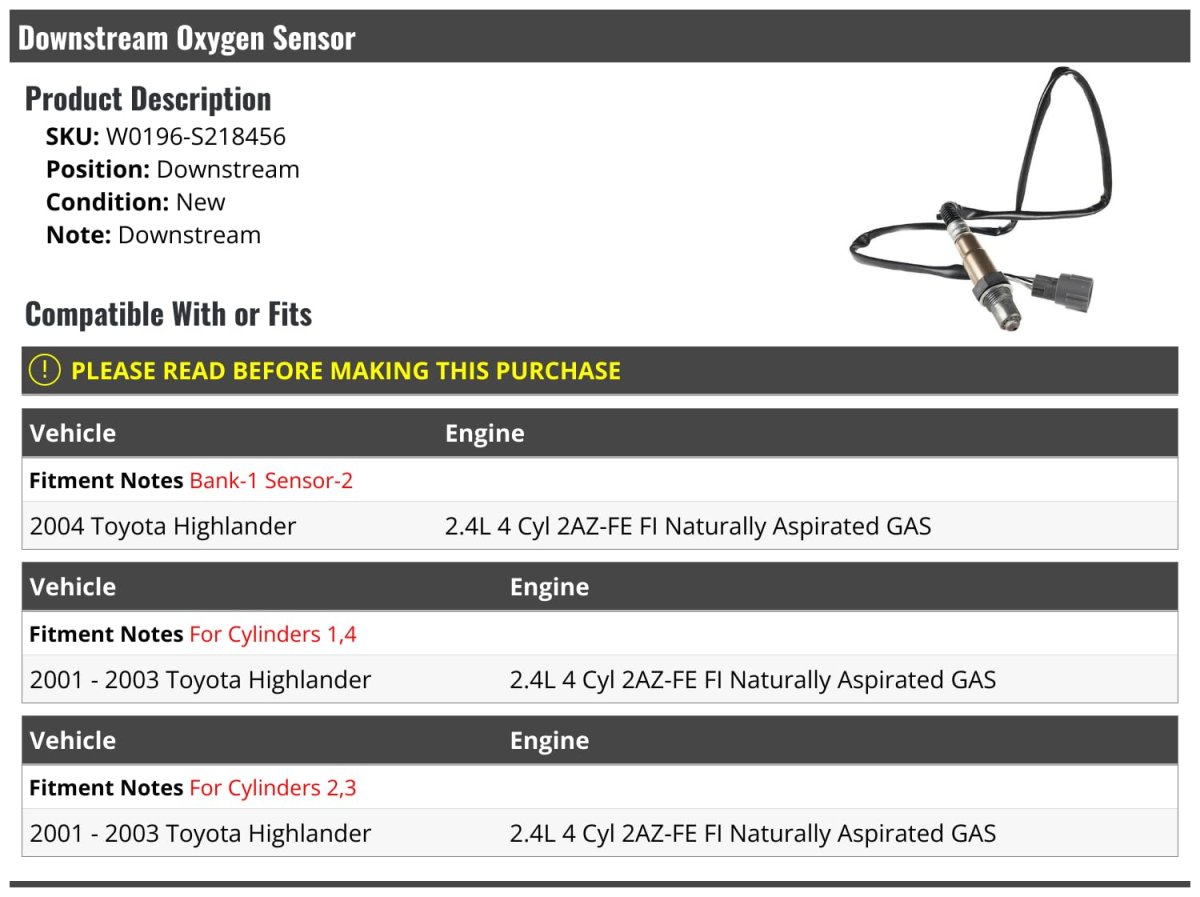 Downstream Oxygen Sensor For 2001-2004 Toyota Highlander 2 4l 4-cylinder 2az-fe Fi Naturally Aspirated Gas