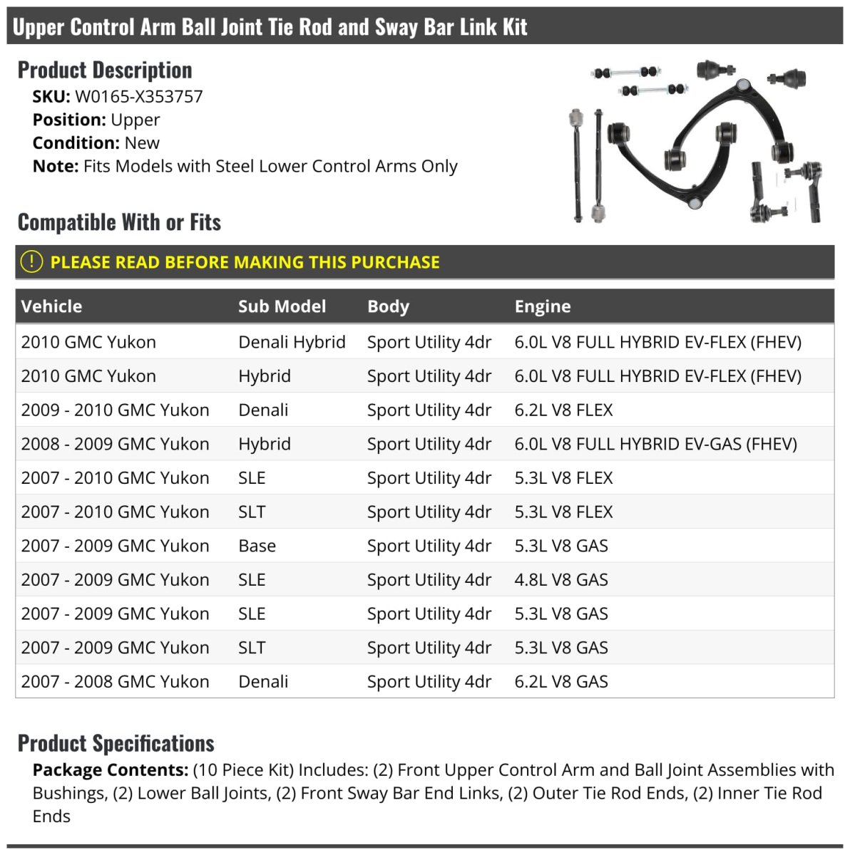 Upper Control Arm Ball Joint Tie Rod And Sway Bar Link Kit For 2007-2010 Gmc Yukon Sport Utility 4-door