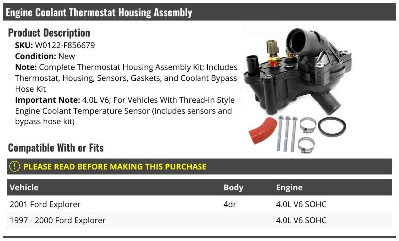 Marketplace Auto Parts Engine Coolant Thermostat Housing Assembly Kit With Sensors Gaskets And Bypass Hose Compatible 1997-2001