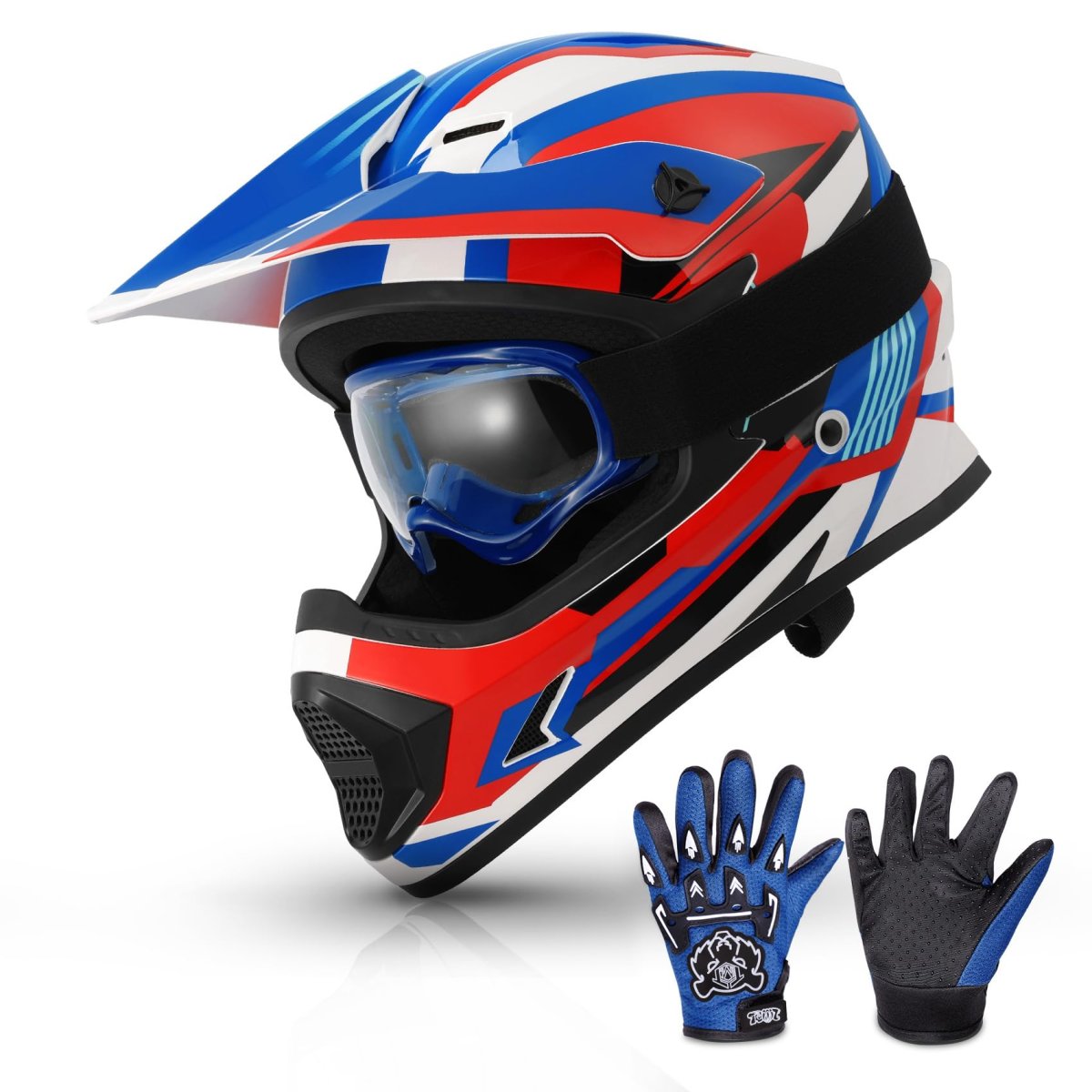 Youth Kids Atv Motorcycle Helmet Dot Approved With Goggles Gloves And Bag Retro Blue Large Lightweight Motocross For Dirt Bike