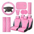 Pink Car Accessories Set Seat Covers Full Steering Wheel Headrest With Center Console Pad Cup Holders Belt Pads Gear Cover For 
