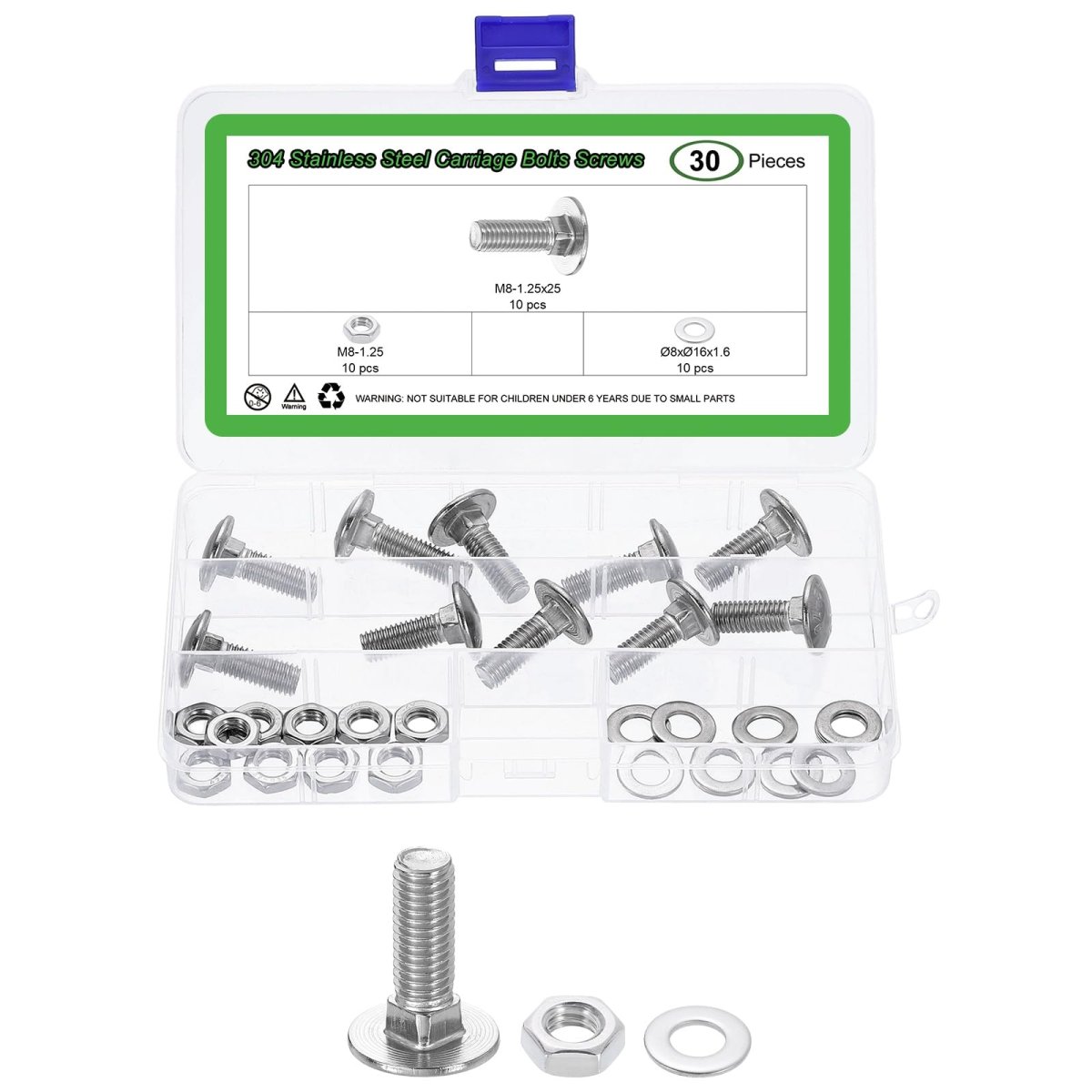 10 Set Carriage Bolts And Nuts Kit M8 1 25x25mm Stainless Steel 304 Round Head Square Neck Screws With Hex Flat Washers Silver