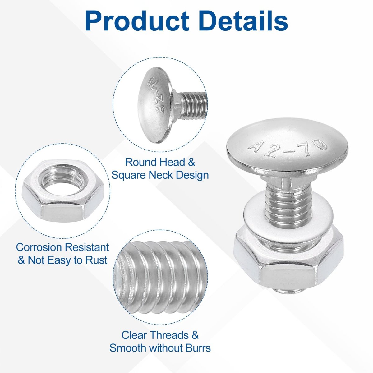 10 Set Carriage Bolts And Nuts Kit M8 1 25x25mm Stainless Steel 304 Round Head Square Neck Screws With Hex Flat Washers Silver