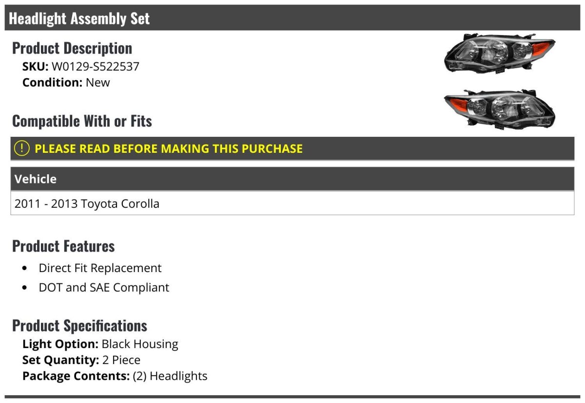 Headlight Assembly Set Of 2 With Black Housing For 2011 2013 Toyota Corolla Front Direct Fit Replacement Dot And Sae Compliant