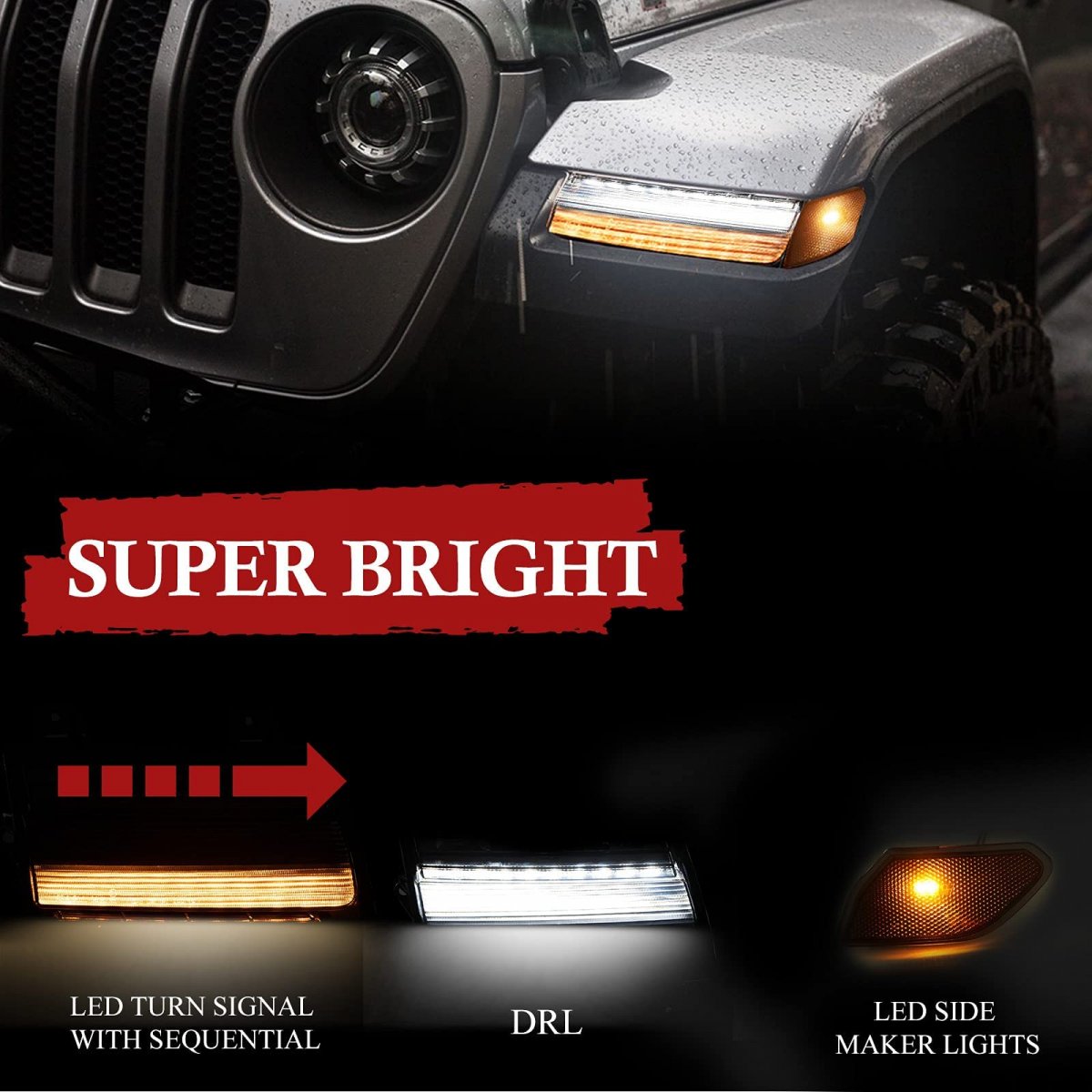 Bunker Indust Jl Led Fender Light Kit Sequential Flashing Turn Signal With Drl Side Markers Compitable For Jeep Wrangler 2018