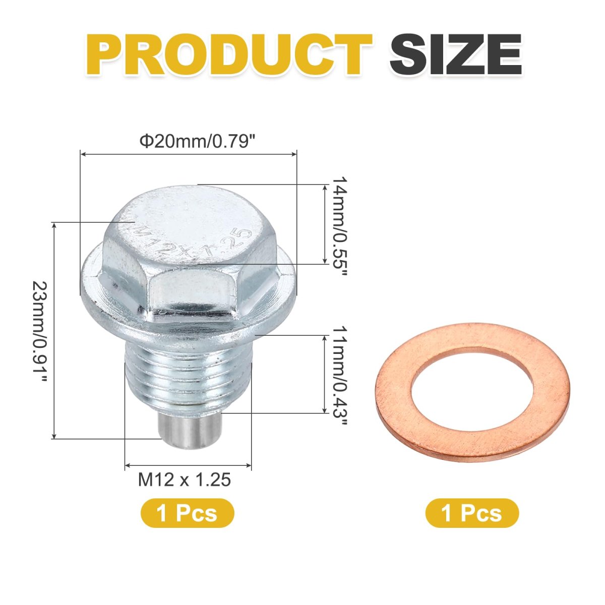 M12x1 25 Magnetic Oil Drain Plug 23mm Length Stainless Steel Pan Nut Bolt With Copper Crush Washer Universal Leak-proof