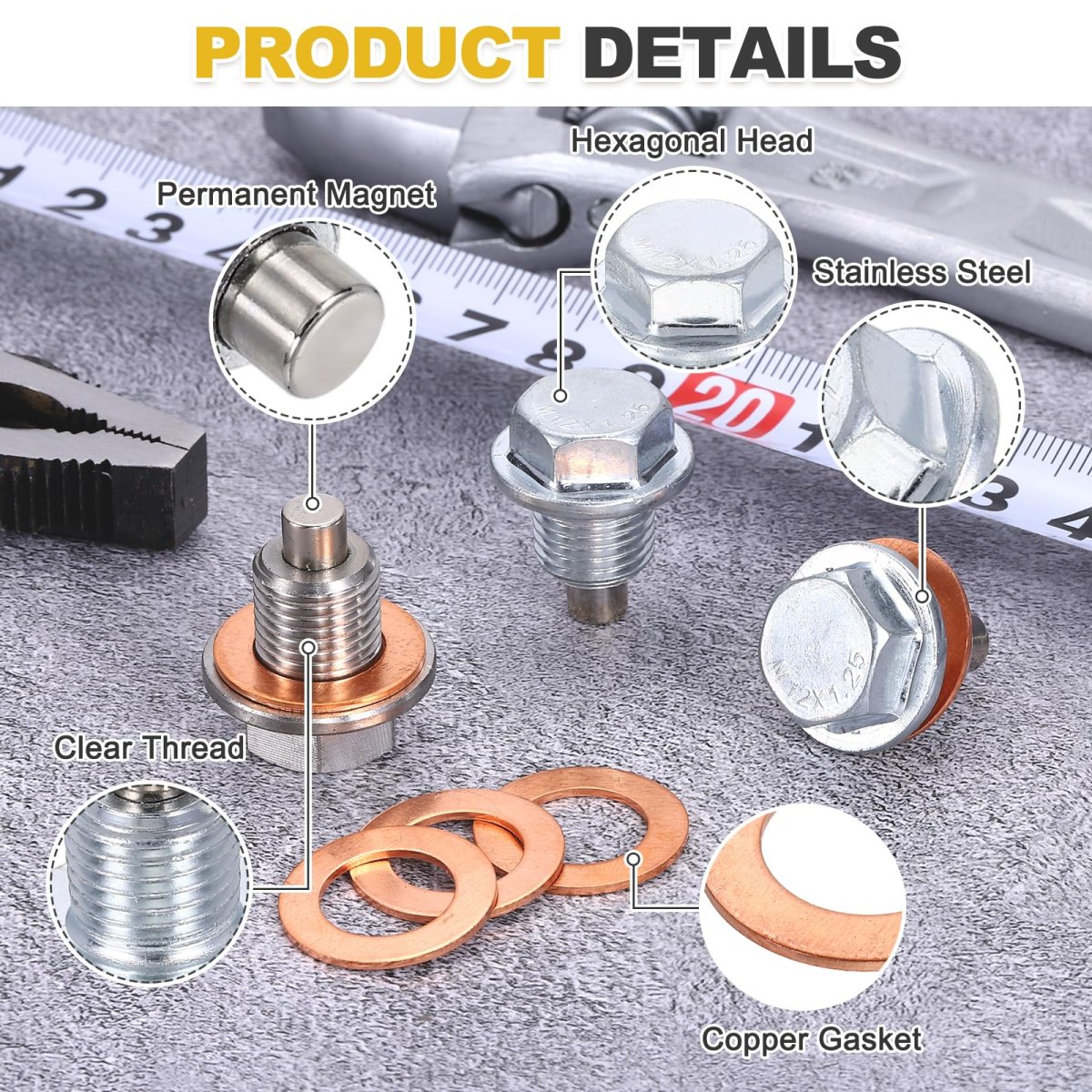 M12x1 25 Magnetic Oil Drain Plug 23mm Length Stainless Steel Pan Nut Bolt With Copper Crush Washer Universal Leak-proof