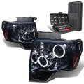 Dual Led Halo Ring Projector Smoked Housing Amber Corner Headlight Lamps Tool Kit Compatible With Ford F-150 09-14