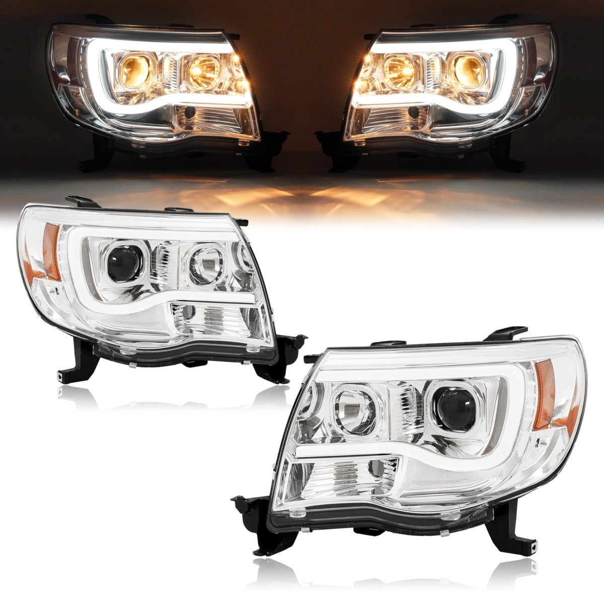 Pair Projector Headlights Led For 2005-2011 Toyota Tacoma W Led Tube Bar Drl Headlamp Front Light Replacement To2502157