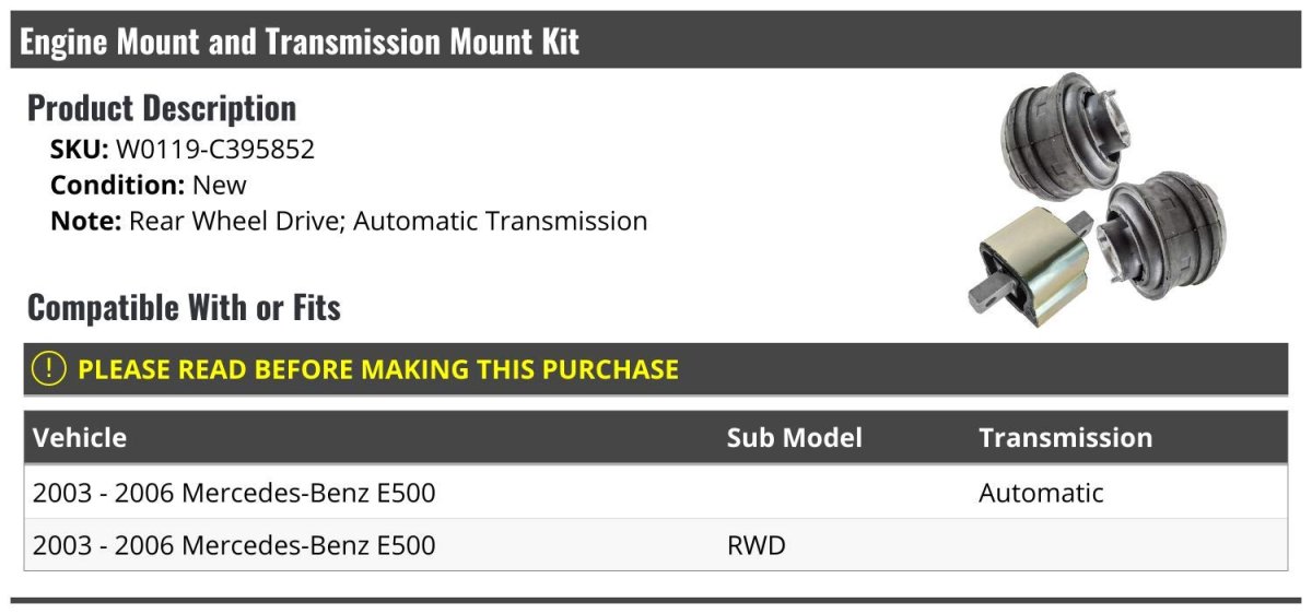 Engine And Automatic Transmission Mount Kit For 2003 2006 Mercedes Benz E500 Rwd W0119 C395852