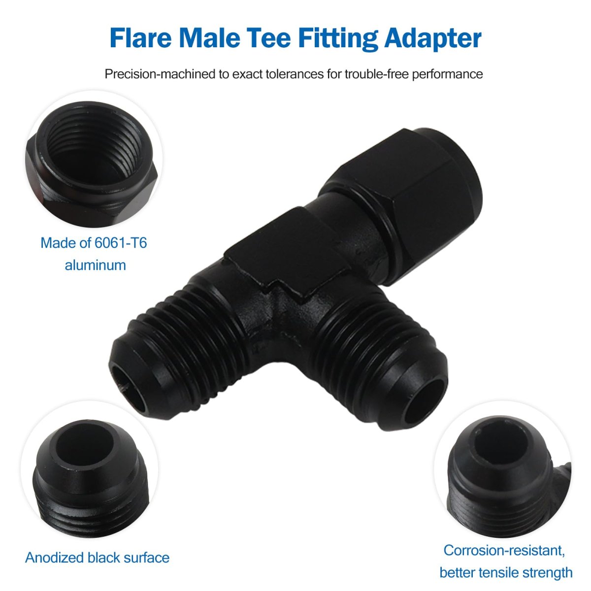 6an Male Flare Tee Connector An6 Female Swivel Automotive Fluid Line Fitting 1500psi 37 Degrees Seal Black Aluminum 9 16-18 Unf