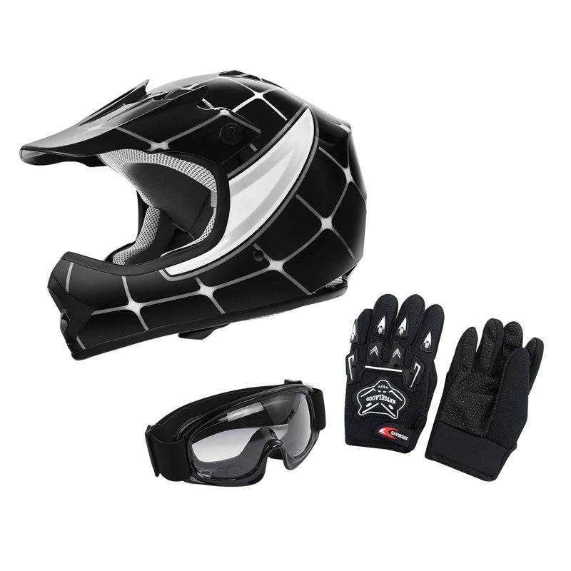 Dot Youth Kids Motocross Offroad Street Dirt Bike Helmet Goggles Gloves Atv Mx A Black Spiders Small
