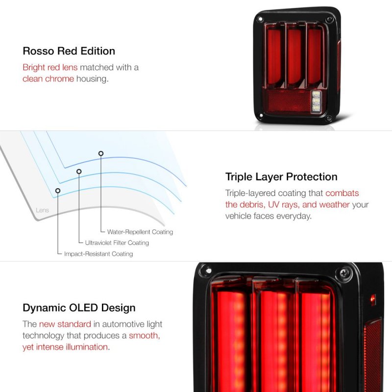 Sequential Turn Signal Premium Oled Neon Tube Tail Light Lamp For 2007-2018 Jeep Wrangler Rosso Red Lens Driver Passenger Side
