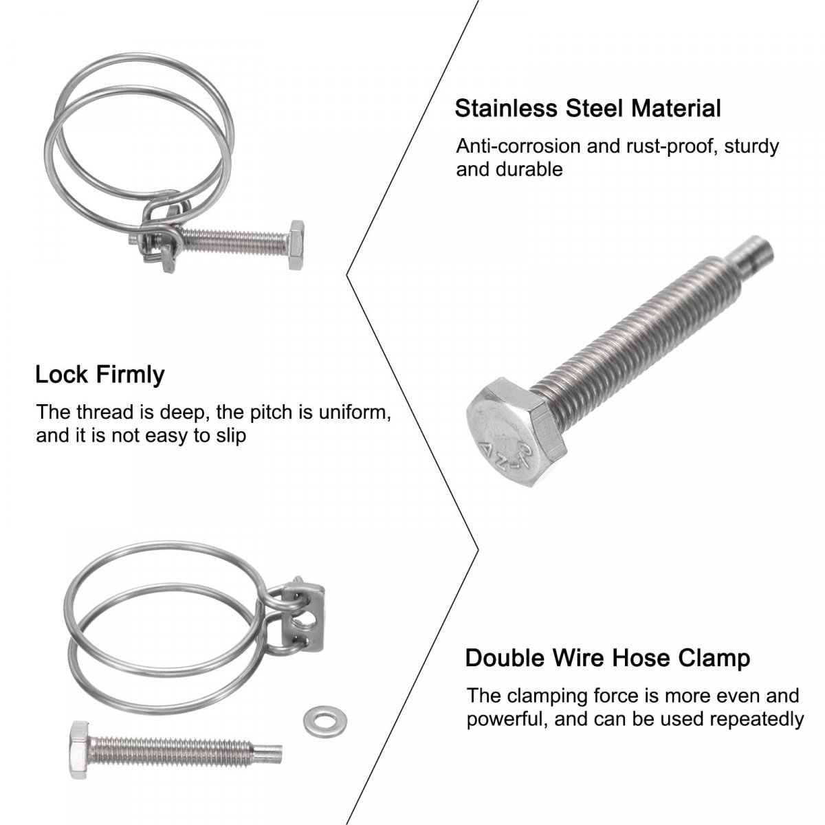 6pcs Double Wire Hose Clamp 43-48mm Adjustable Stainless Steel Clips With M8 Bolt For Dust Collection Pump Pipe