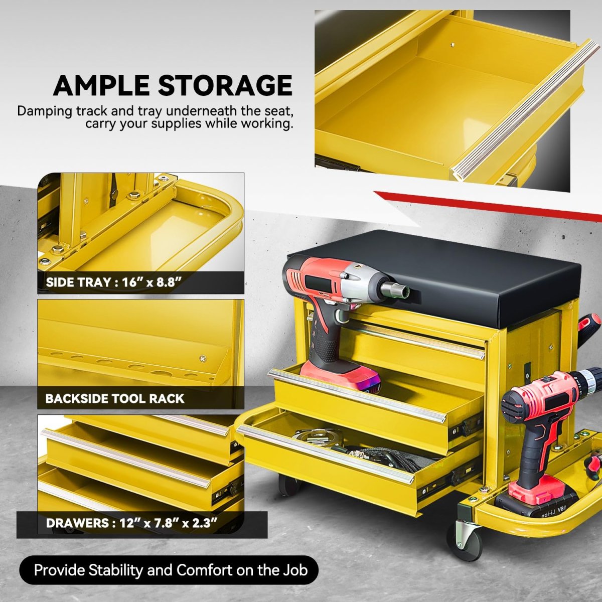Mechanic Rolling Seat With 3 Storage Drawers And Tool Tray Heavy Duty Steel Frame Padded Cushion 350 Lbs Capacity Yellow