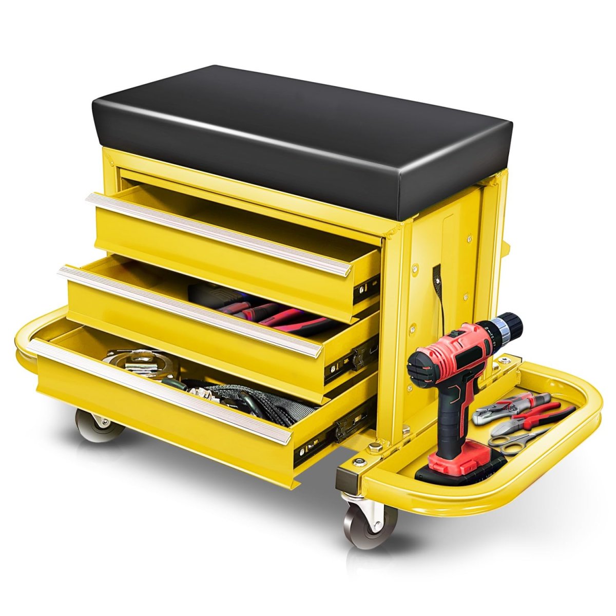 Mechanic Rolling Seat With 3 Storage Drawers And Tool Tray Heavy Duty Steel Frame Padded Cushion 350 Lbs Capacity Yellow