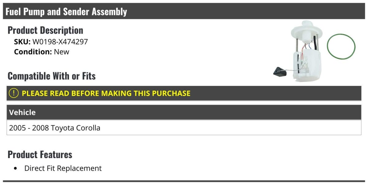 Fuel Pump And Sender Assembly For 2005-2008 Toyota Corolla