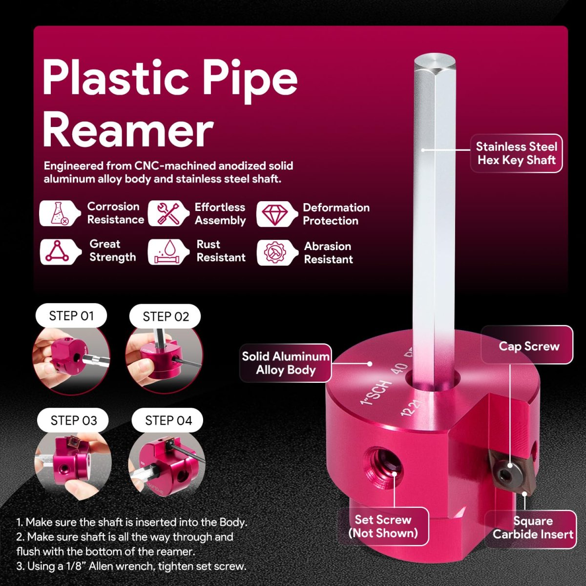 1-inch Head Plastic Pipe Fitting Reamer With 4-inch Hex Shaft Pvc Saver For Sch40 Abs Cpvc Water Drain Vent Lines Fits Standard