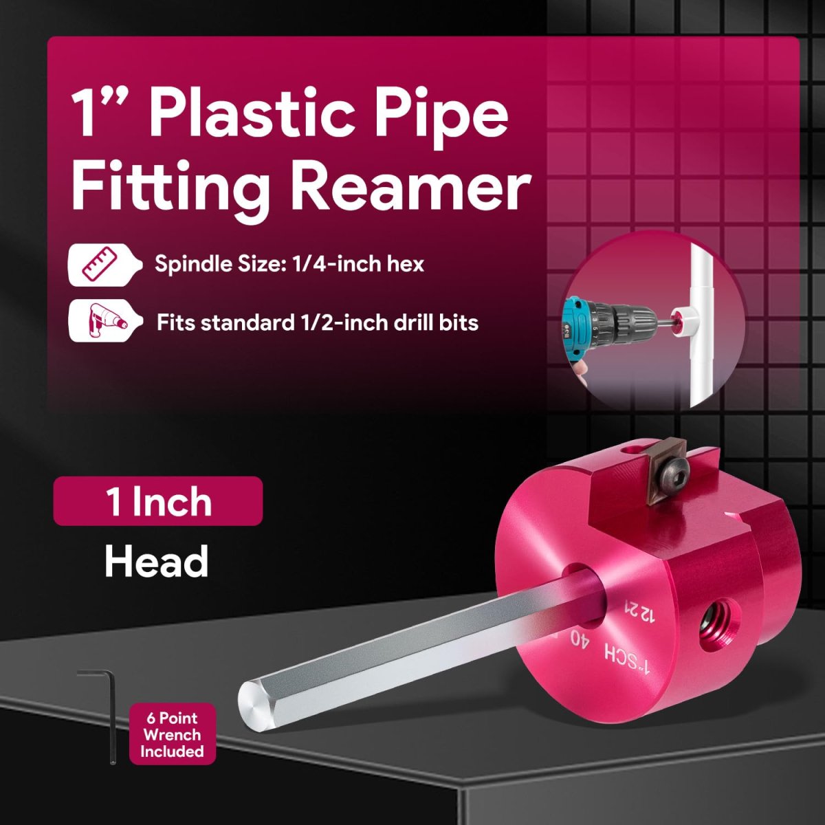1-inch Head Plastic Pipe Fitting Reamer With 4-inch Hex Shaft Pvc Saver For Sch40 Abs Cpvc Water Drain Vent Lines Fits Standard