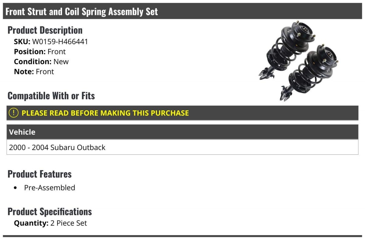 Front Strut And Coil Spring Assembly 2 Piece Set For 2000 To 2004 Subaru Outback Pre Assembled Position W0159-h466441