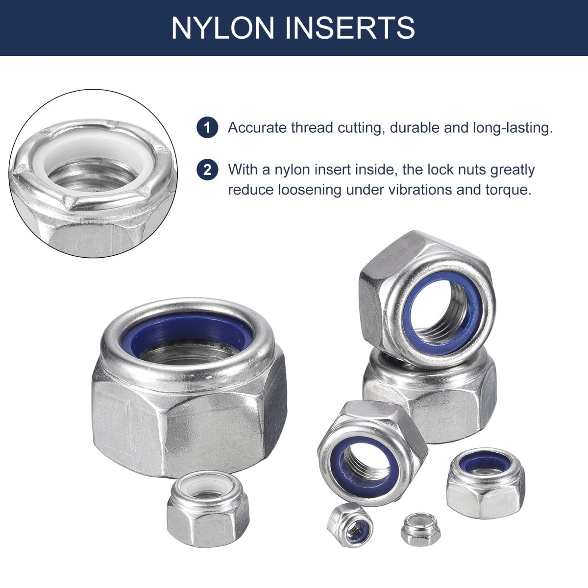 10pcs 6-32 Nylon Insert Hex Lock Nuts 304 Stainless Steel Self-locking Stop Nut For Industrial Construction Fasteners Silver