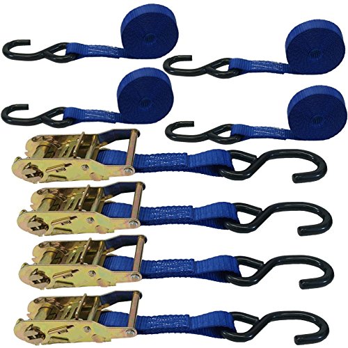 4 Pack 1 In Blue Ratchet Straps With Coated S Hooks 8ft Heavy Duty Tie Downs 666 Lbs Working Load Limit And 2000 Breaking