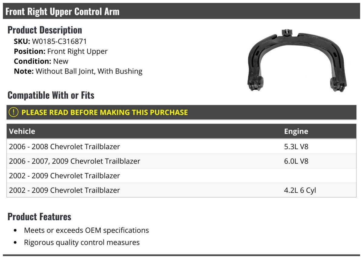 Front Right Passenger Side Upper Control Arm For 2002 To 2009 Chevy Trailblazer With Bushing Without Ball Joint Alloy Steel