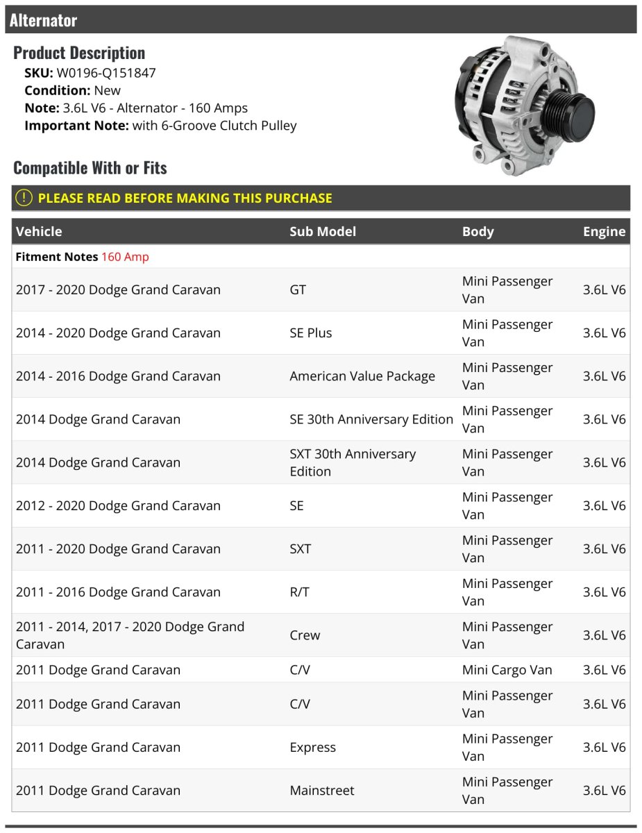Alternator 160 Amps For 2011 To 2020 Dodge Grand Caravan 3 6l V6 With 6 Groove Clutch Pulley W0196-q151847